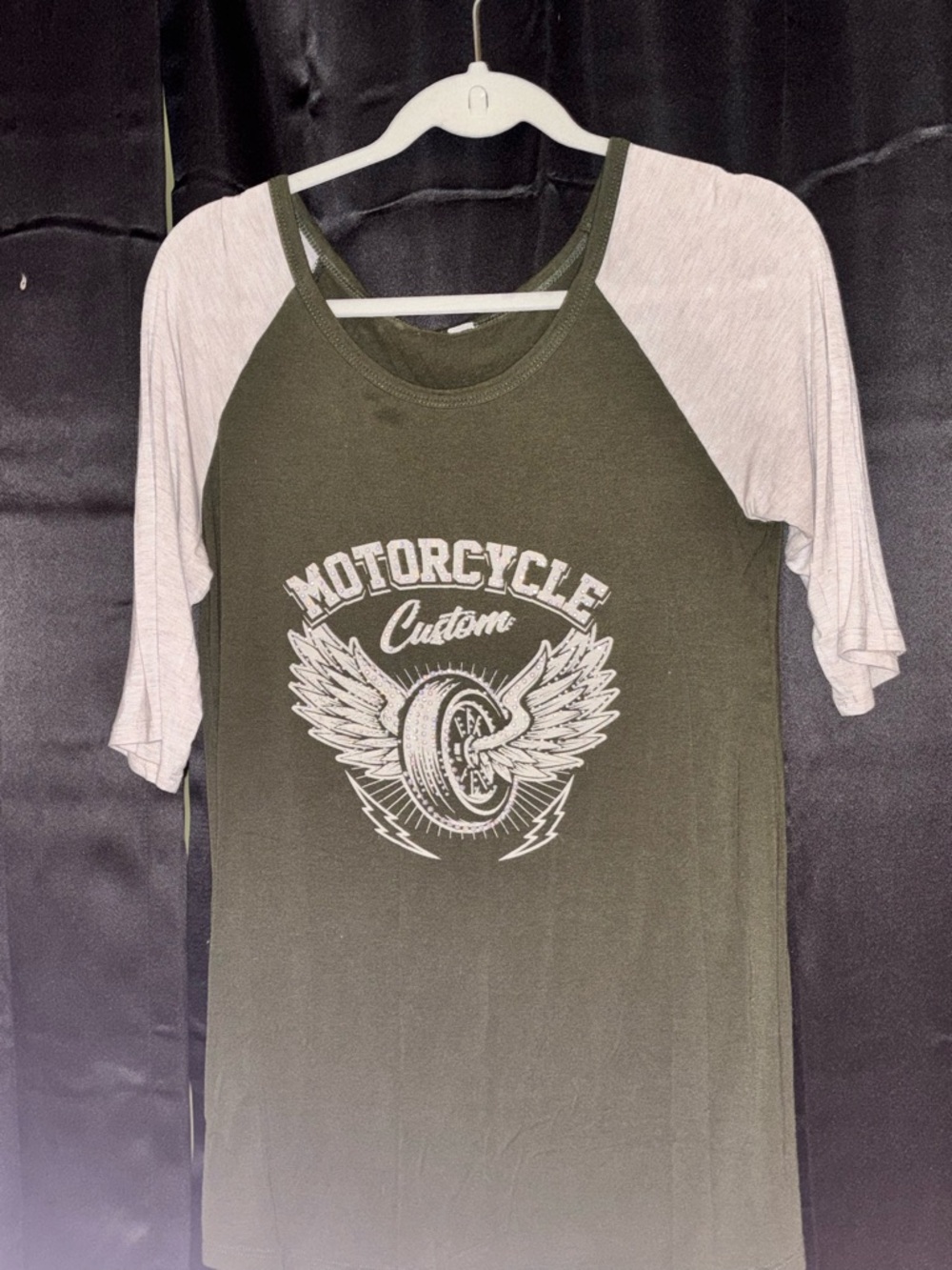 Motorcycle Custom Raglan Tee - Olive Green with Cream 3/4 length Sleeves